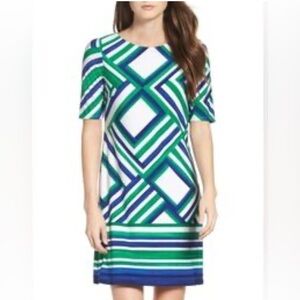 Eliza J geometric business sheath dress - blue/green - size 8